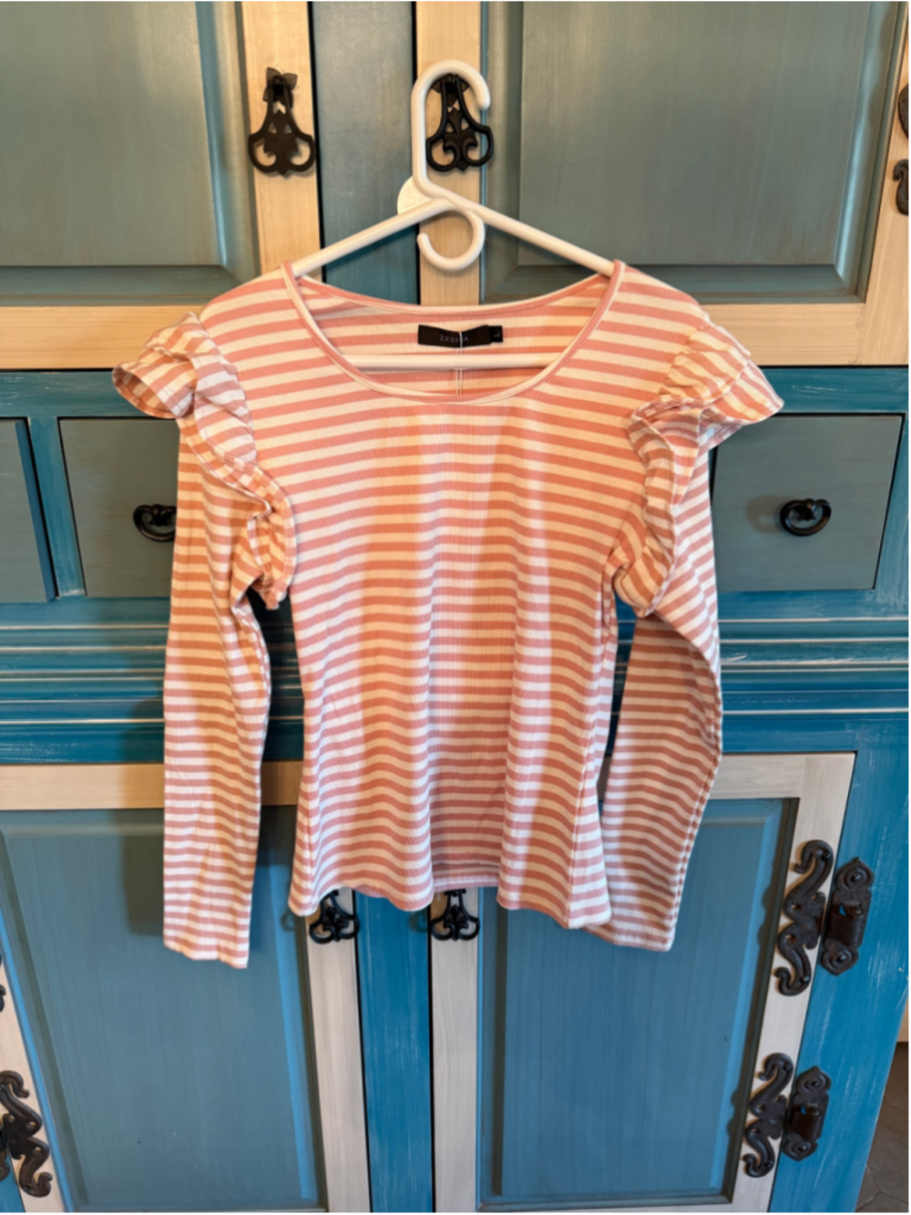 Women's ZESICA Pink & White Striped Ruffle Sleeve Long Sleeve Tee L